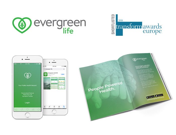 Evergreen Life logo, app and magazine advert